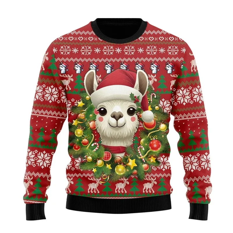 3D Printed Christmas Decoration Sweatshirt For Men Women Alpaca Dog Pattern Pullovers Casual Loose Round Neck Long Sleeve Hoodie