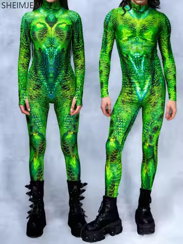 Funny Couple Lizard Bodysuit Unique Animal Green Anaconda Jumpsuit Halloween Carnival Costume Adult Cosplay Party Masquerade Set