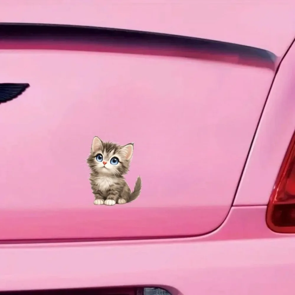 

Self adhesive Cute Kitten Vinyl Sticker for Cars Trucks Laptops Windows White Gray Tabby Cat with Bright Blue Eyes Spiky