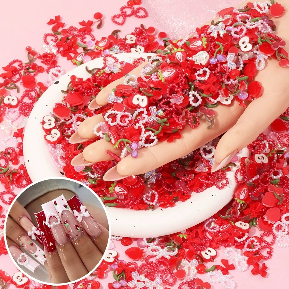Misturar 75 peças aleatórias misturadas com flores de morango amuletos de resina doce com parte traseira lisa lua acessórios de decoração de arte de unha manicure faça você mesmo
