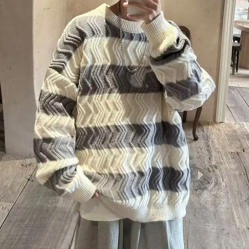 Loose Striped Knitted Sweater for Boys Students Casual Autumn Winter Faion Polyester Fiber Long Sve round Ne Top
