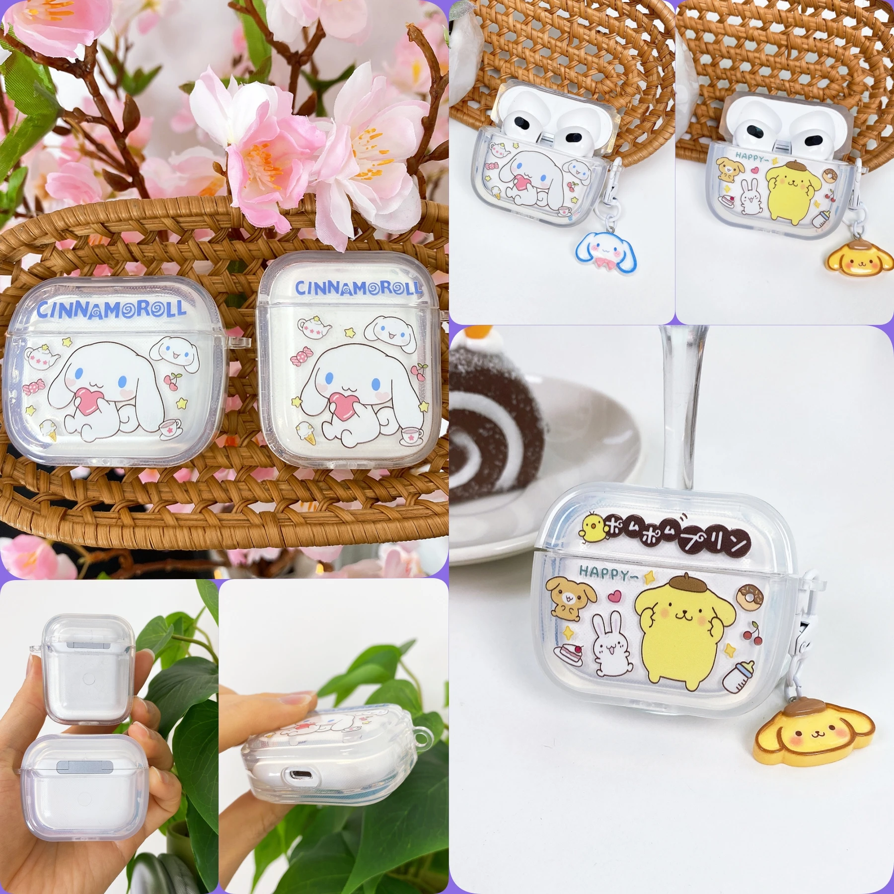 

Anime Character Pompompurin And Cinnamon With Pendant Bluetooth Headset Case For Airpods 4.3.2.1.Pro.Pro 2 Transparent Cover