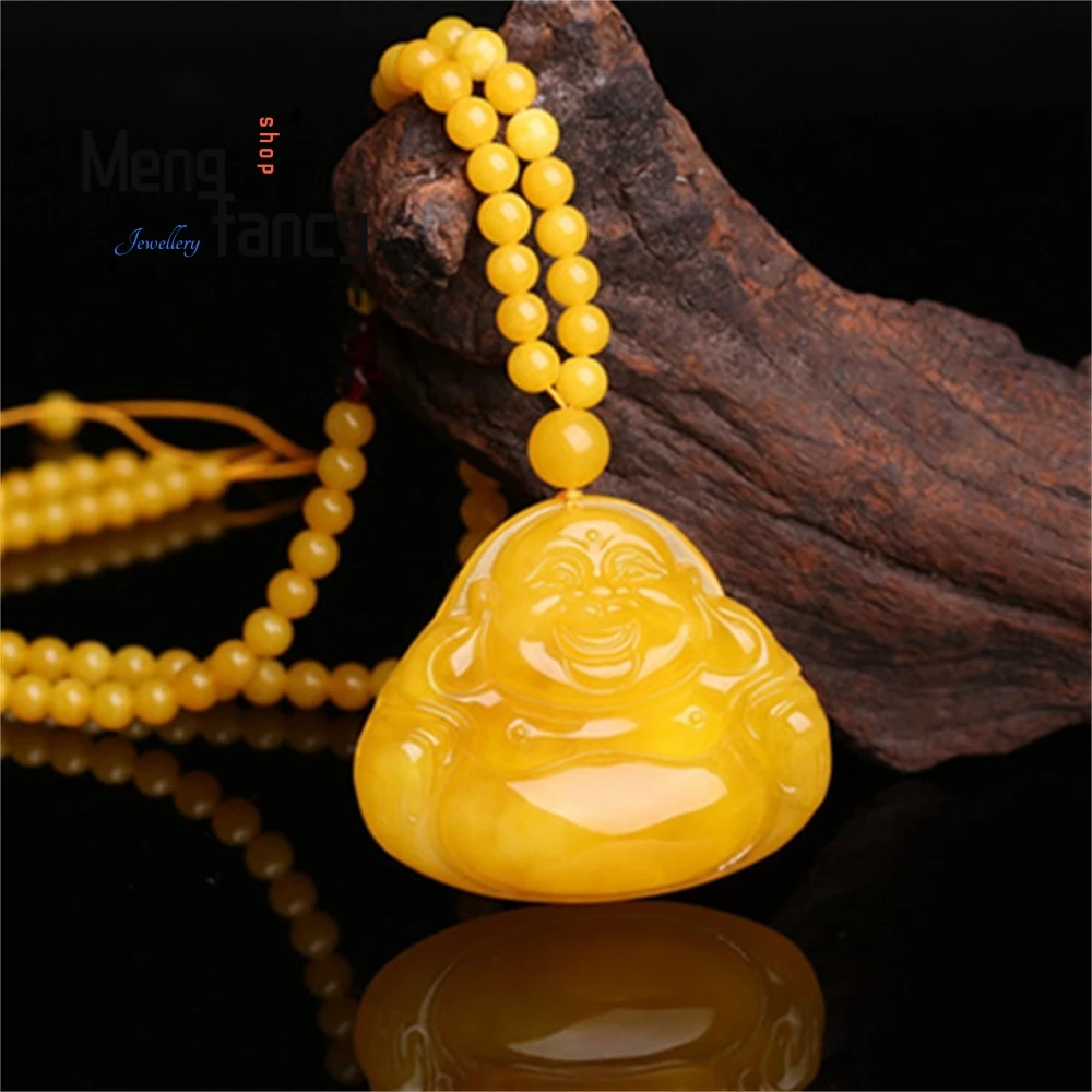 

Amber Smiling Buddha Pendant, Maitreya Buddha Carved Old Honey Necklace, Women's Amber Chicken Oil Yellow Sweater Chain Elegant