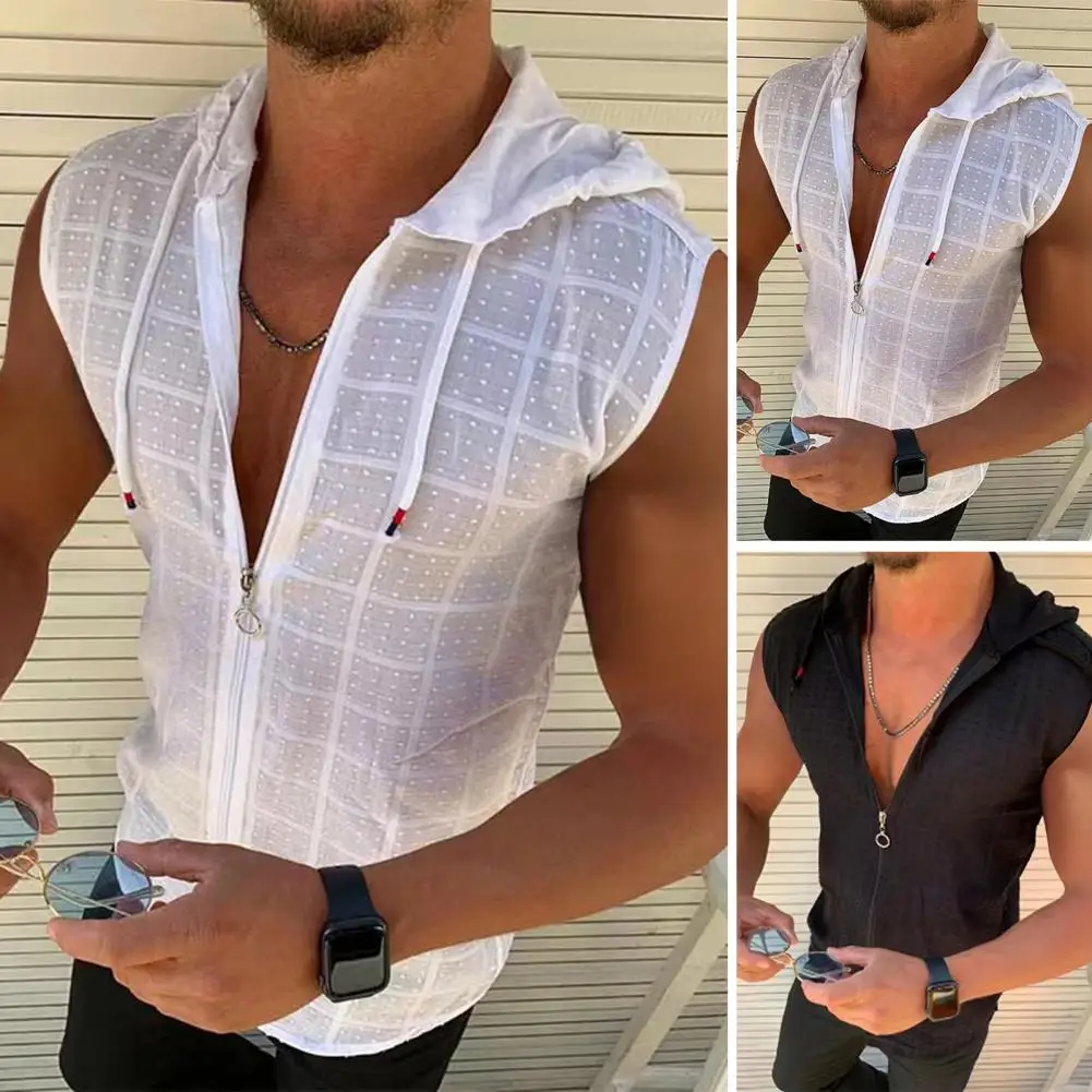 New Men's Fashion Summer Beach Wind Sleeveless Zipper Hooded T-shirt Casual Beach Tank Hooded Beach Sun-protective Clothing