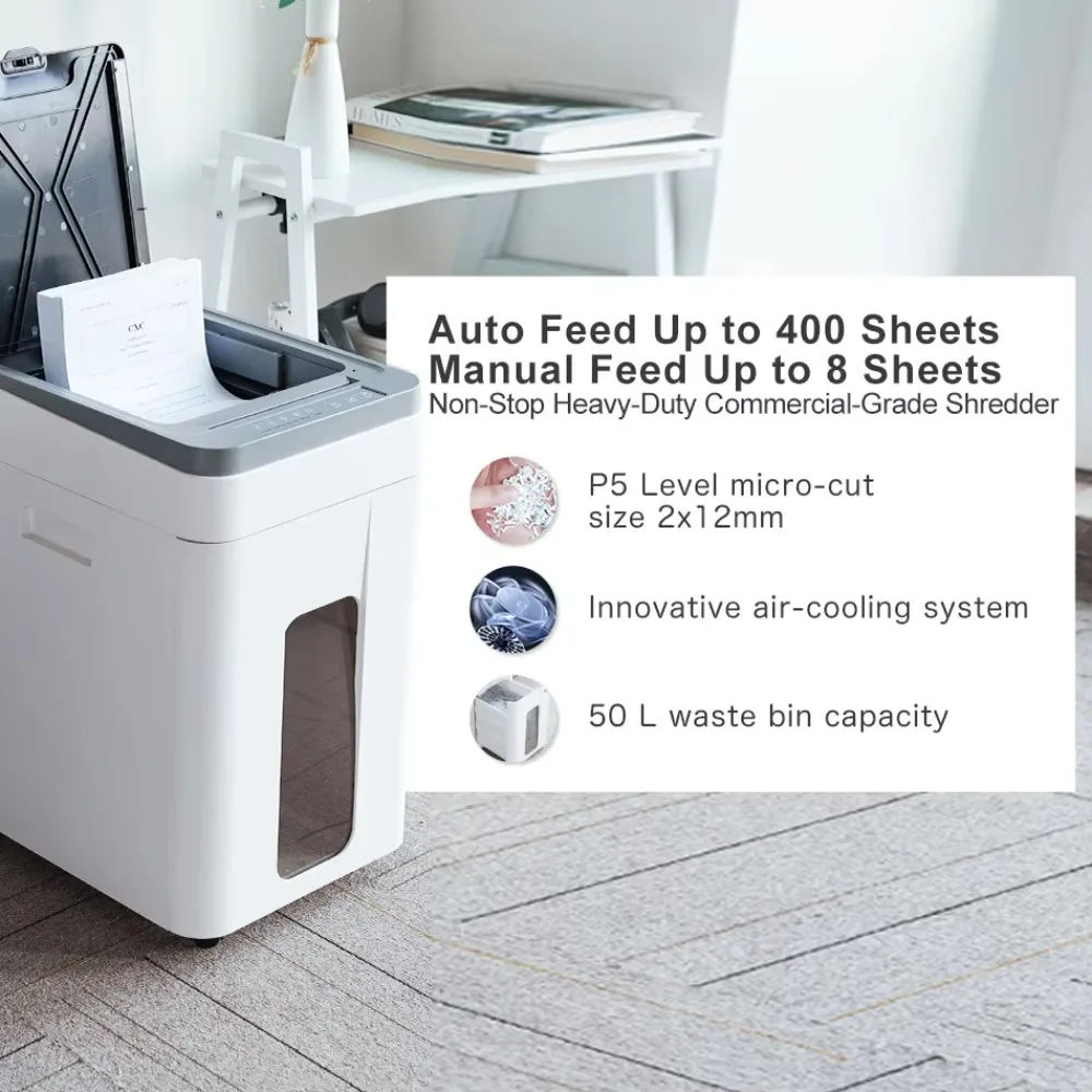 

A1 Auto Feed Industrial 400 Sheets Heavy Duty P5 50L CE Paper Shredder