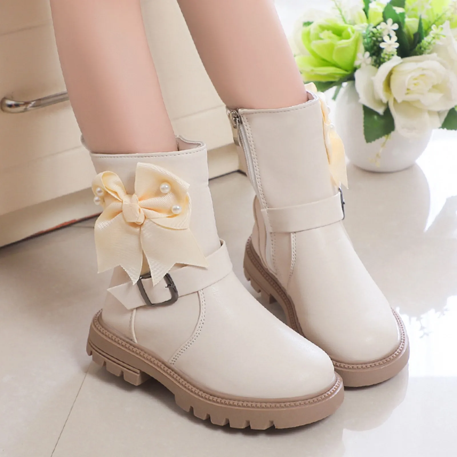 Girls Sweet Princess Boots Bow Cute Buckle Fashion Kids Shoes Side Zipper Children Casual Shoes PU 2024 New Brown Beige Elegant