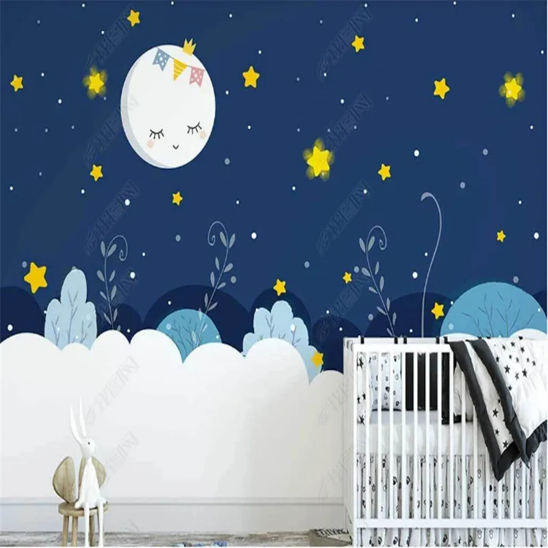 

Nordic Wallpaper for Kid's Room Cartoon Starry Sky Moon Clouds Children's Room Background Wall Papers Home Decor Murals