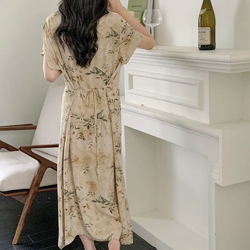 2025New Improved Chinese Style Homewear Women Elegant Cheongsam Nightgown Cotton Print Loungewear Spring Summer Sleepwear