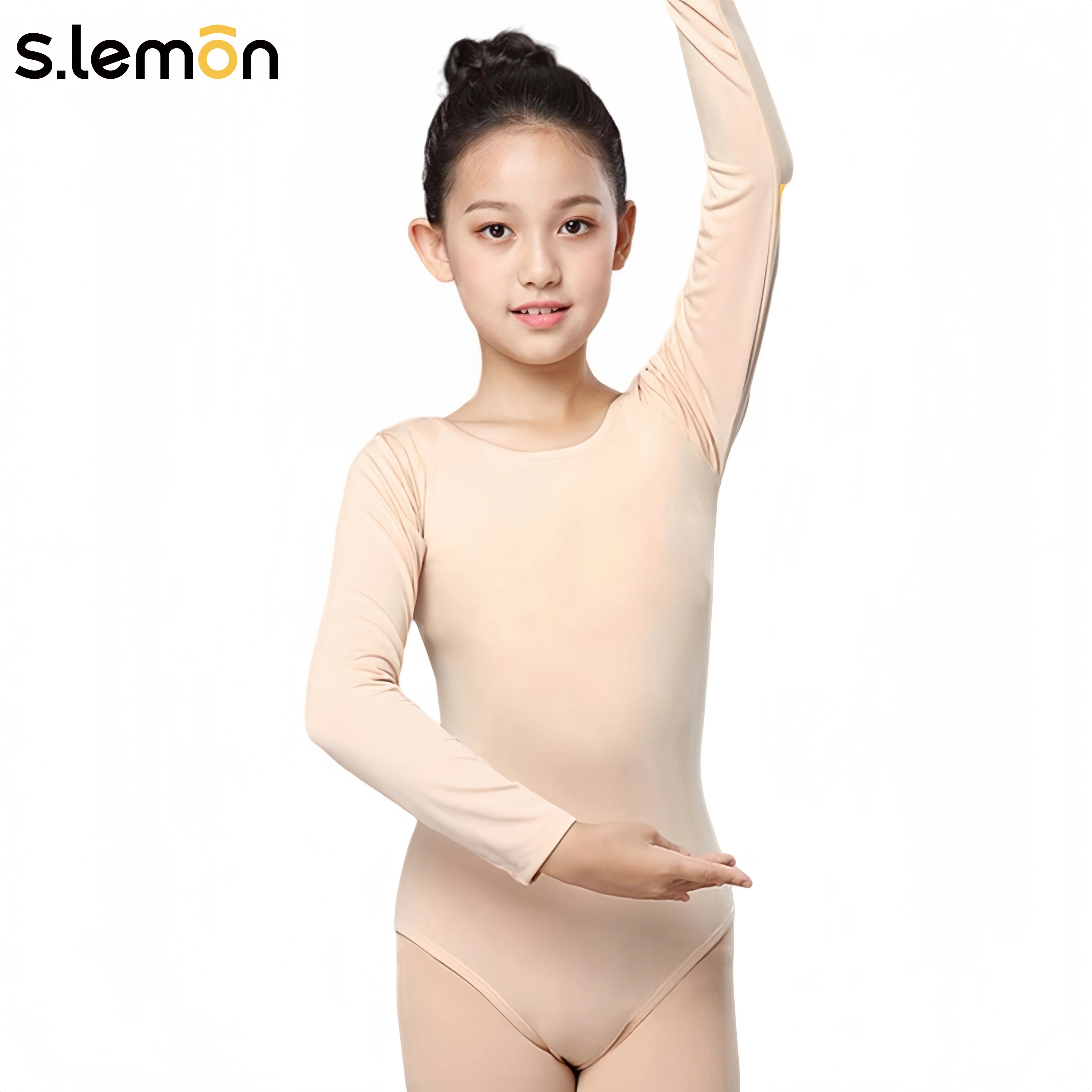 S.lemon Girls Nude Ballet Leotard Kids Winter Fleece-Lined Long Sleeve Chinese Dance Unitard