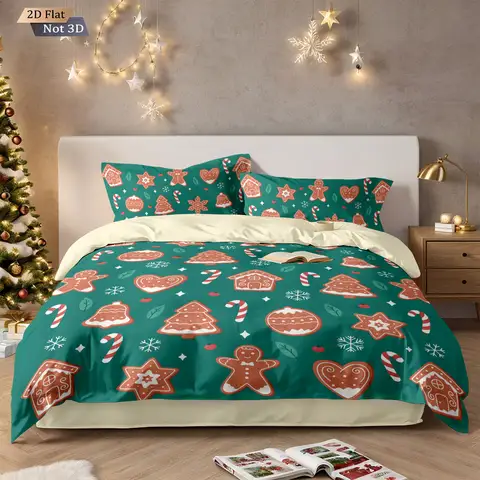 3pcs Merry Christmas Green Printed Chipless Quilt Set, Multi Size Soft Dormitory Bedding, Holiday Decoration Machine Washable