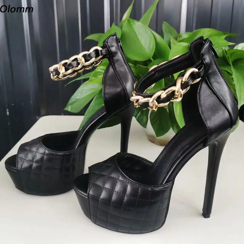 

Olomm Женские сандалии ручной работы на платформе с ремешком на щиколотке, пикантная цепочка на шпильке с открытым носком, элегантное черно-белое платье, обувь США, размер 5-20