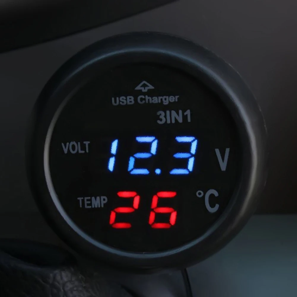 3 in 1 12/24V Car Auto LED Digital Voltmeter Gauge Thermometer USB Charger LED Digital Voltmeter Gauge Thermometer