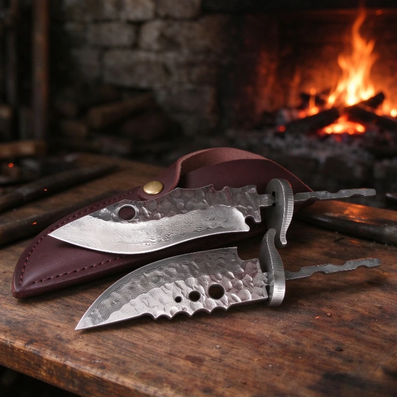 1Pc 8‑Chromium Sandwich Damascus Steel Straight Knife Blanks, Semi‑finished Sharp Blade, EDC DIY Tool Parts with Brass Guard