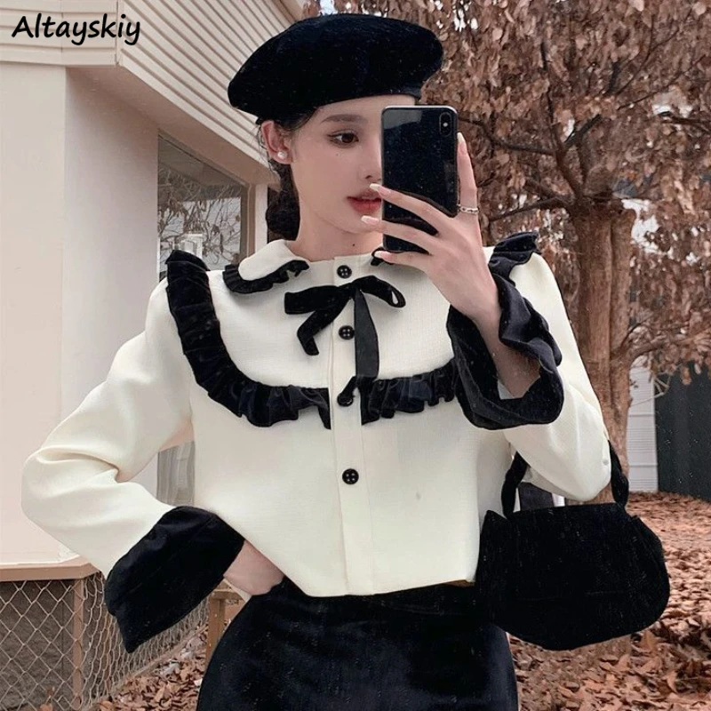 Shirts Women Ruffles Design Sweet Fashion Tender Turn-down Collar Panelled Daily Flare Sleeve All-match Patchwork Charming Retro