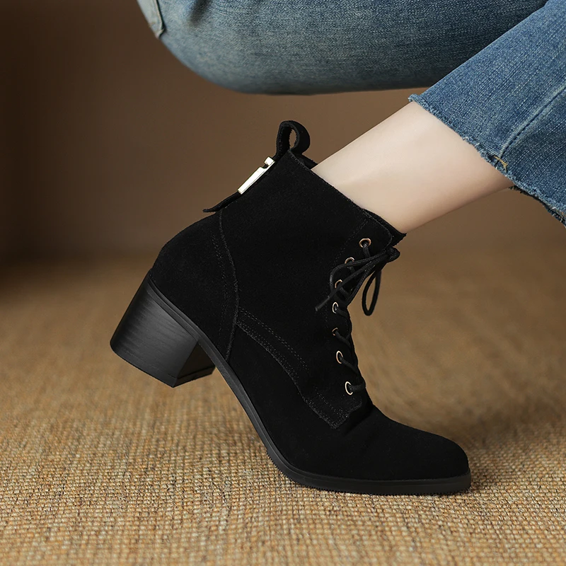 2024 New Women Cow Suede Lace-up Ankle Boots Thick High Heels Motorcycle Boots Retro Round Toe Warm Autumn Winter Shoes Woman