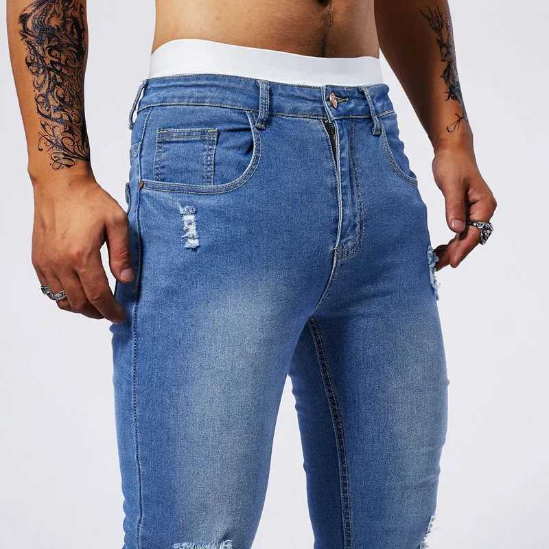 Slanke Gescheurde Stretch Jeans Heren Hiphop Gaten Mode Amerikaanse Biker Hoge Elasticiteit Skinny Casual Denim Broek Man