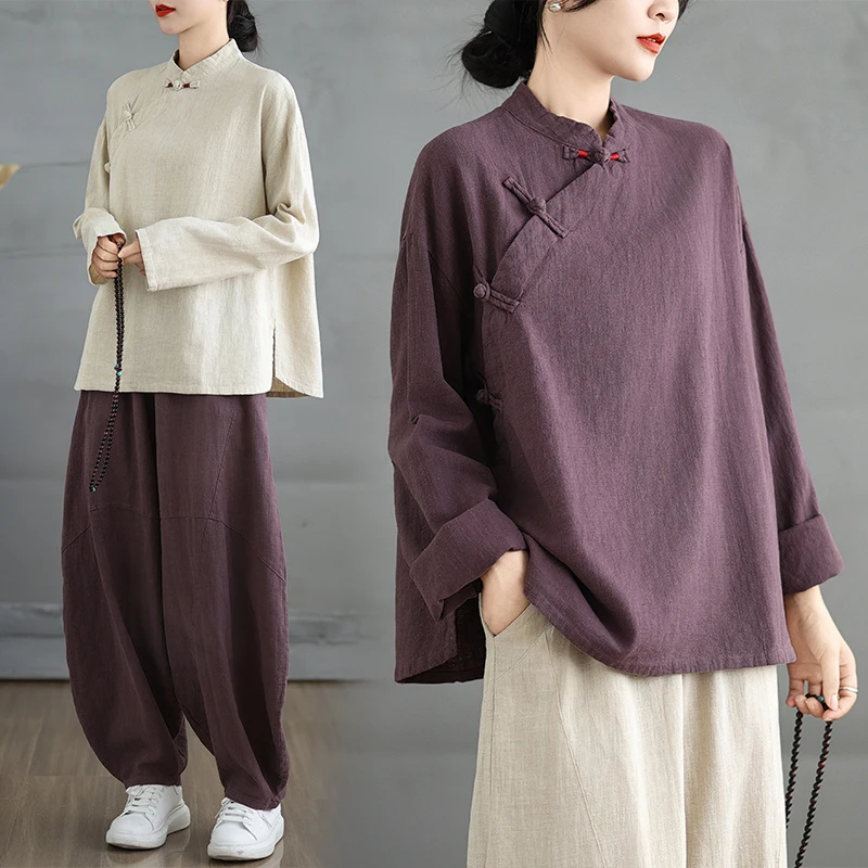 Women's Cotton Linen Zen Clothing New Chinese Style Monastery Lay Brother Robe Long Sleeve T-Shirt Bamboo Cotton Material