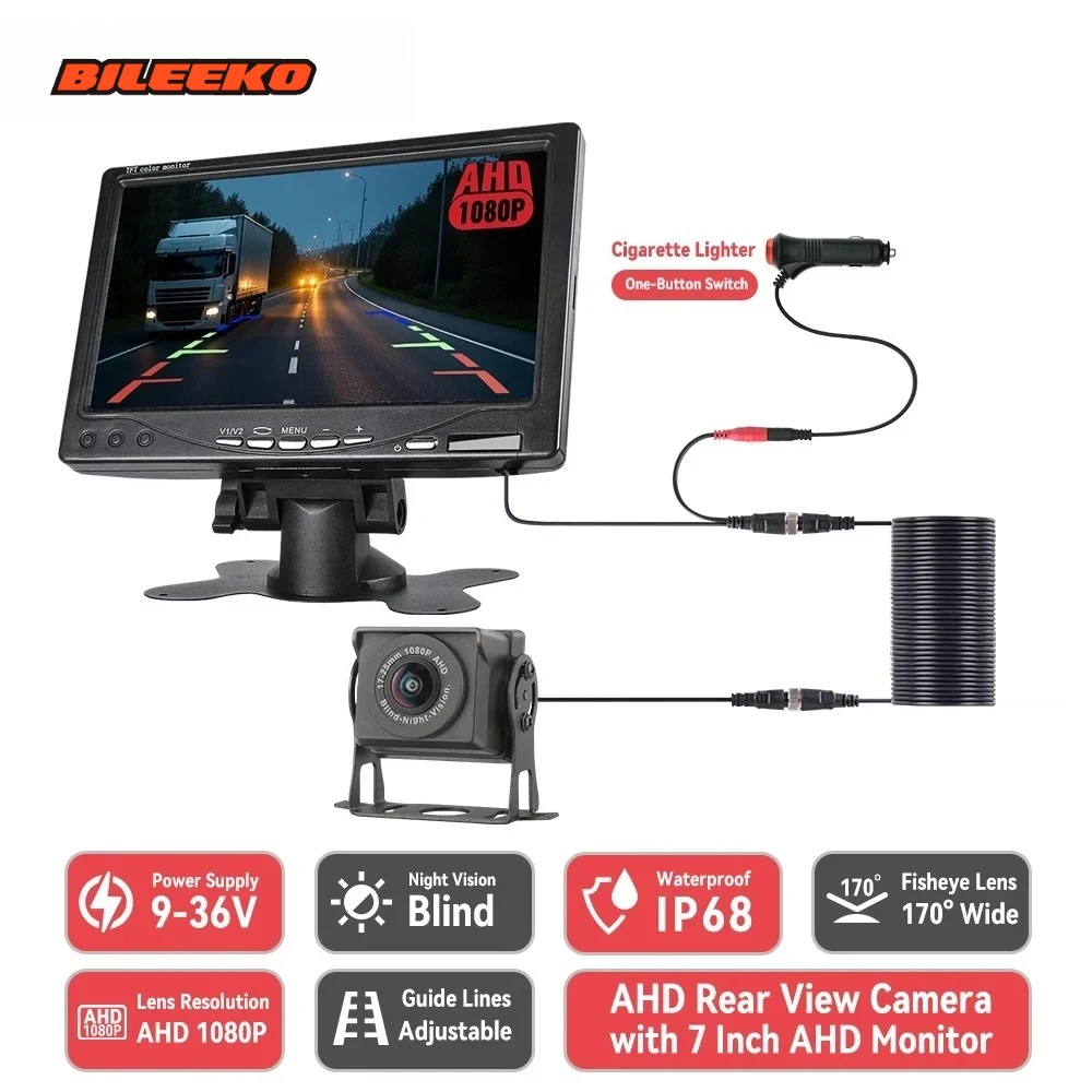 

Bileeko 170° AHD 1080P Rear View Camera with Monitor - Truck Parking 12-24V Night Vision Reversing Kit