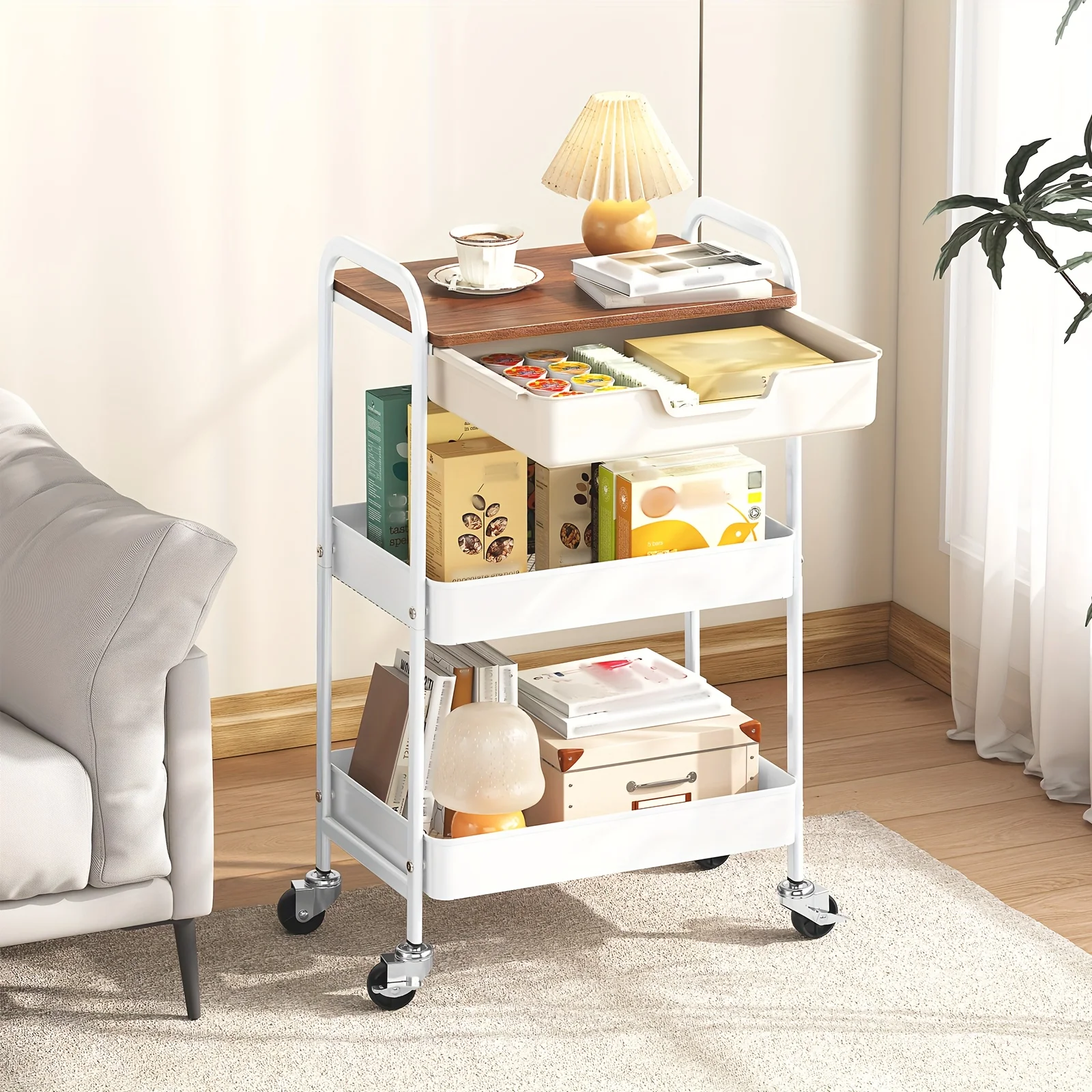 3-Tier Metal Utility Rolling Cart Featuring a Drawer And Table Top