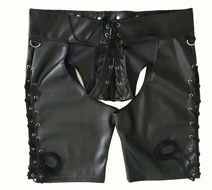 2022 Sexy Lingerie Gay Men Faux Leather Lace Up Pants New Hot Black Mens Latex PVC Bondage Open Cortch Shorts Gothic Fetish