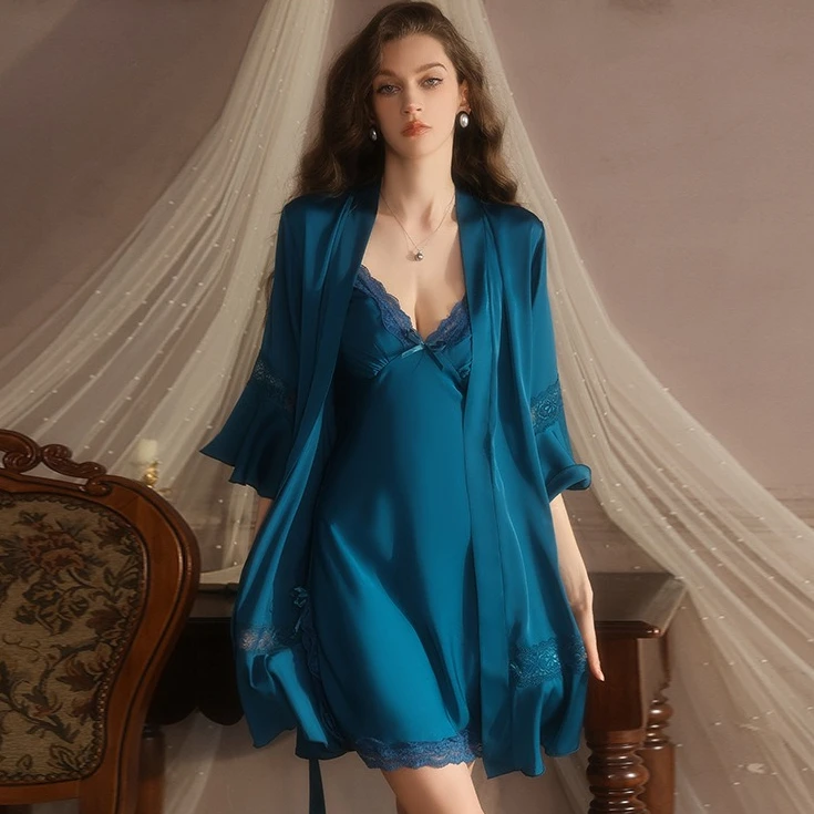 

Комплект-двойной халат, женская летняя сорочка, ночная рубашка, кружевная одежда для сна, женское кимоно, домашняя одежда, сексуальная ночная рубашка, халат, нижнее белье