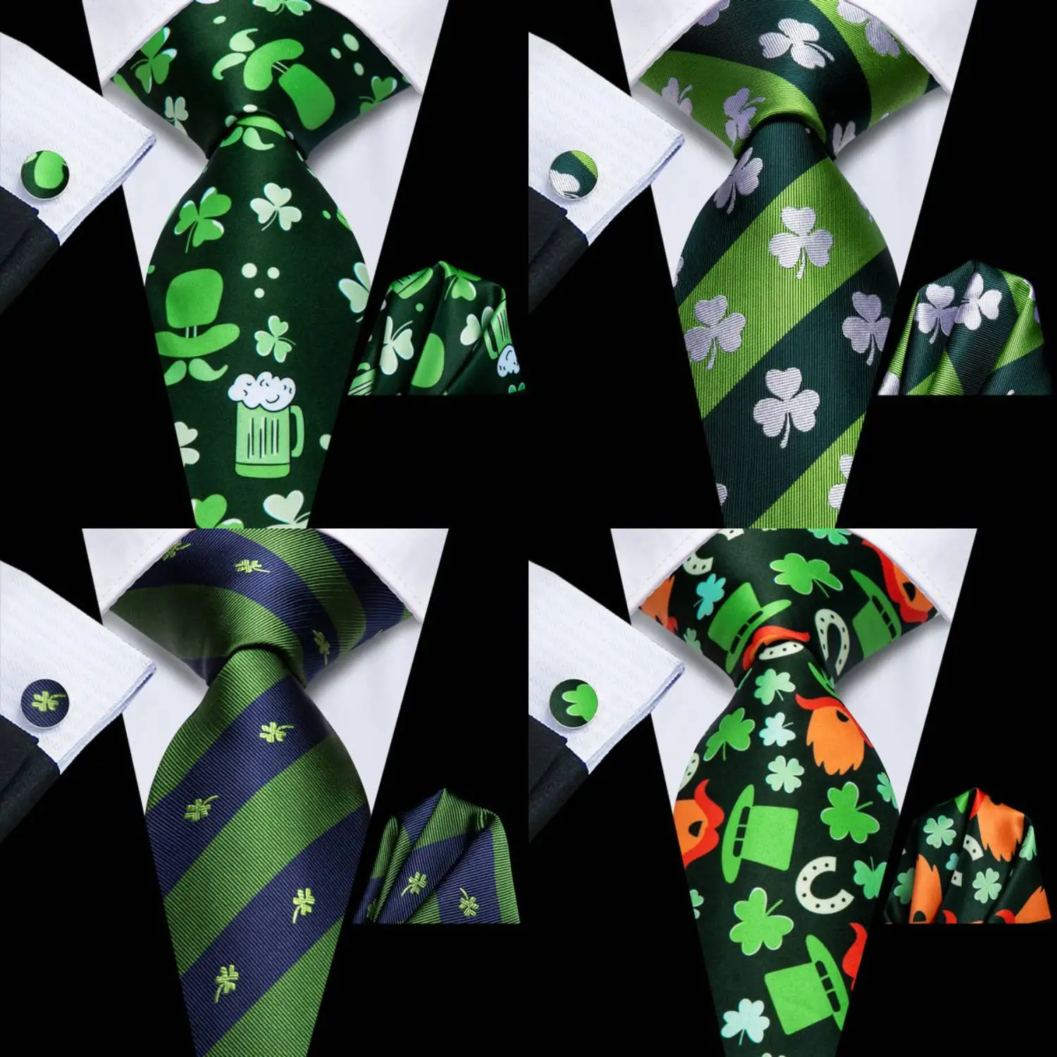 

Hi-Tie четырехлистный клеверный принт мужской галстук зеленый свадебный галстук для мужчин носовой платок запонки комплект деловая вечеринка дропшиппинг