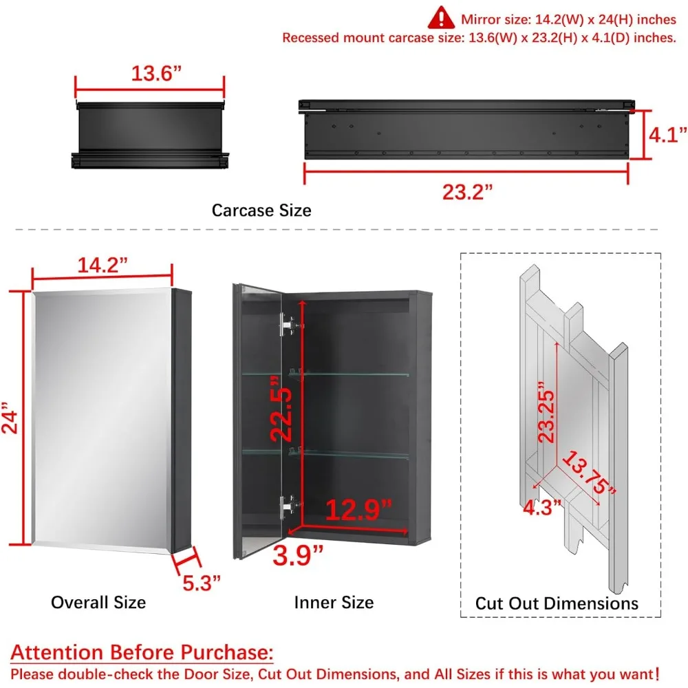 Medicine Cabinet 14 x 24 inches Mirror Size, Recessed or Surface Mount, Black Aluminum Bathroom Wall Cabinet with Mirror and