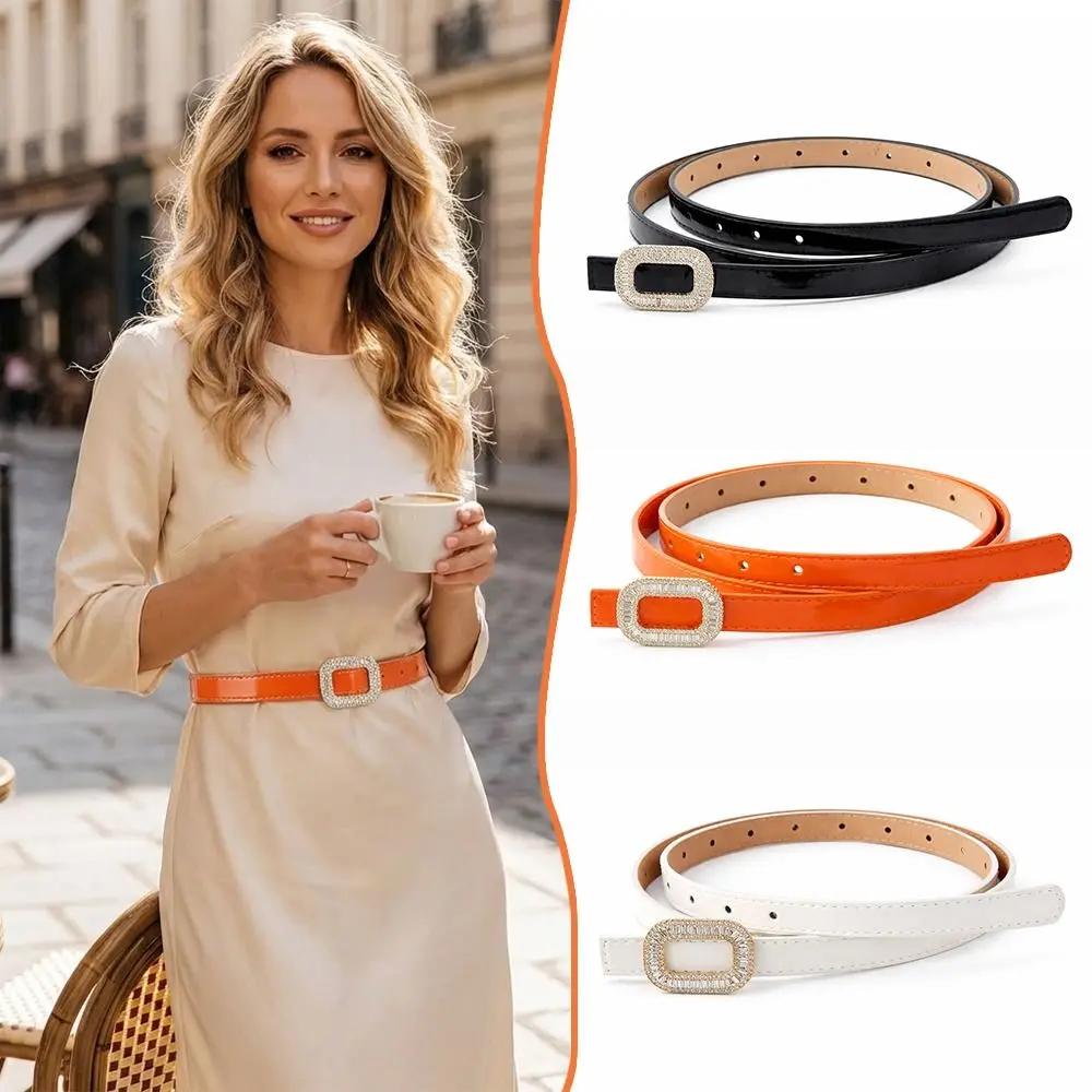 Multi-purpose Rhinestone Buckle Women's PU Belt Oval Luxury Design Waist Strap Thin All-match Waistband Punk Style