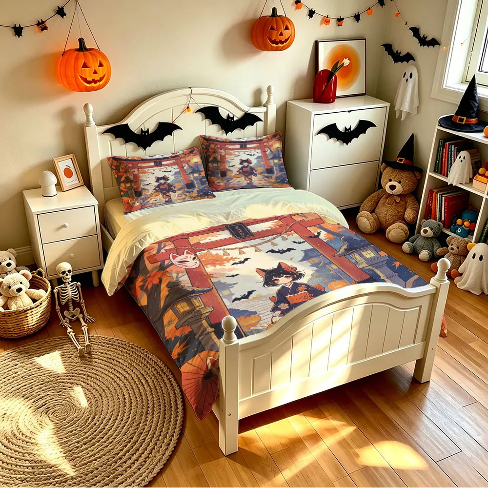 Halloween Duvet Cover Set 3Pcs Japanese Torii Cat Neko Lantern Print Soft Microfiber Bedding with Pillowcases view 4