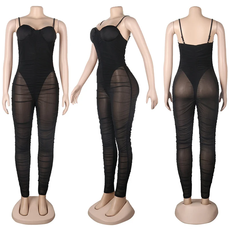 Strap Sexy Club Jumpsuits Overalls for Women Elegant Sheer Mesh Party Jumpsuit Bodycon Romper Ruched Backless One Piece Jumpsuit