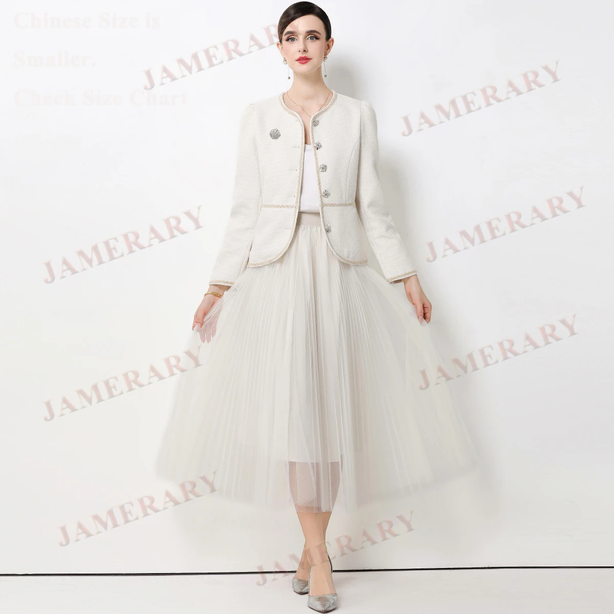 

Brand Runway Autumn Long Dress Two Piece Set Women Tweed Jackets Suit Coat Midi Long Tulle Skirts Suits Bead Diamond 2pcs Outfit