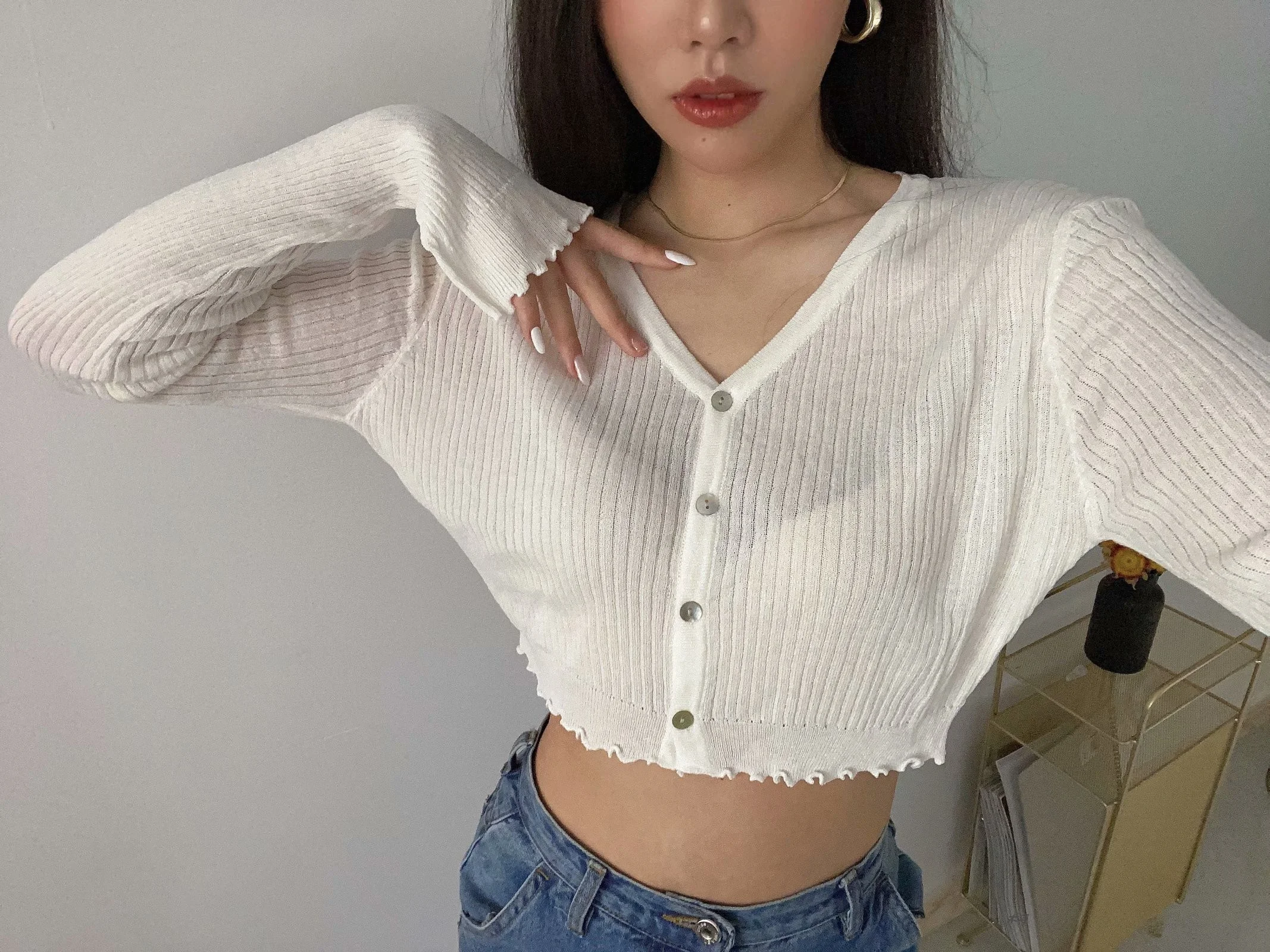 ハイウエストオートップ女性夏 2020 新ピュアカラーロング Sve V-ネパープルオープンカーディガン薄い空調 irt