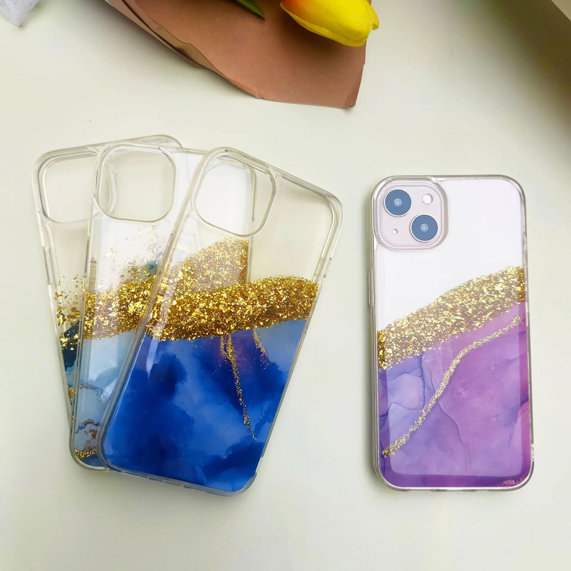 50PCS Luxury Transparent Glitter Phone Case, Wavy Pattern, Art Pattern, Acrylic Back Cover For iPhone 13, 14 Pro Max, Anti-wear