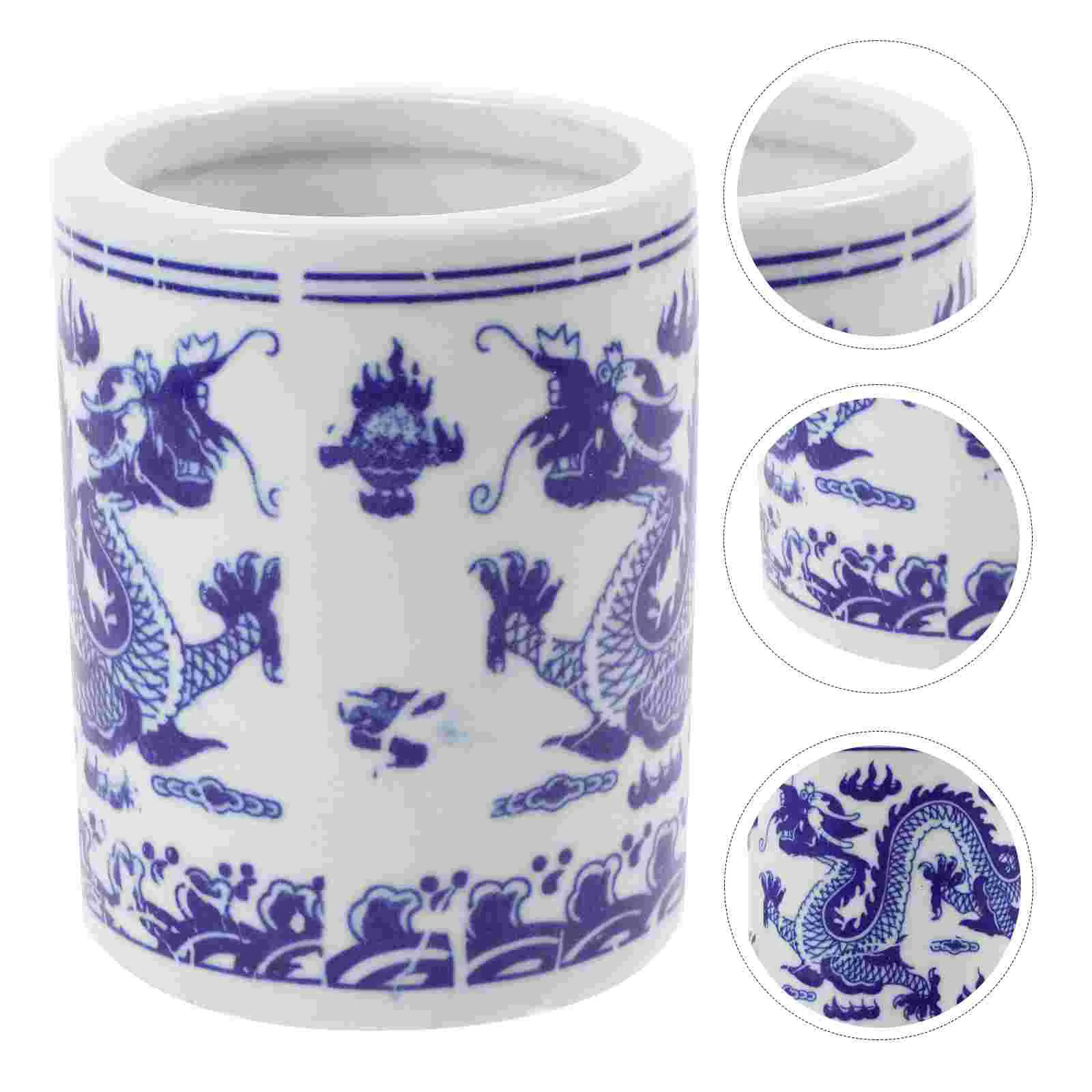 

Blue and White Porcelain Chopsticks Spoon Bucket Cutlery Organizer Holder Dragon Pattern Case Ceramics Utensil