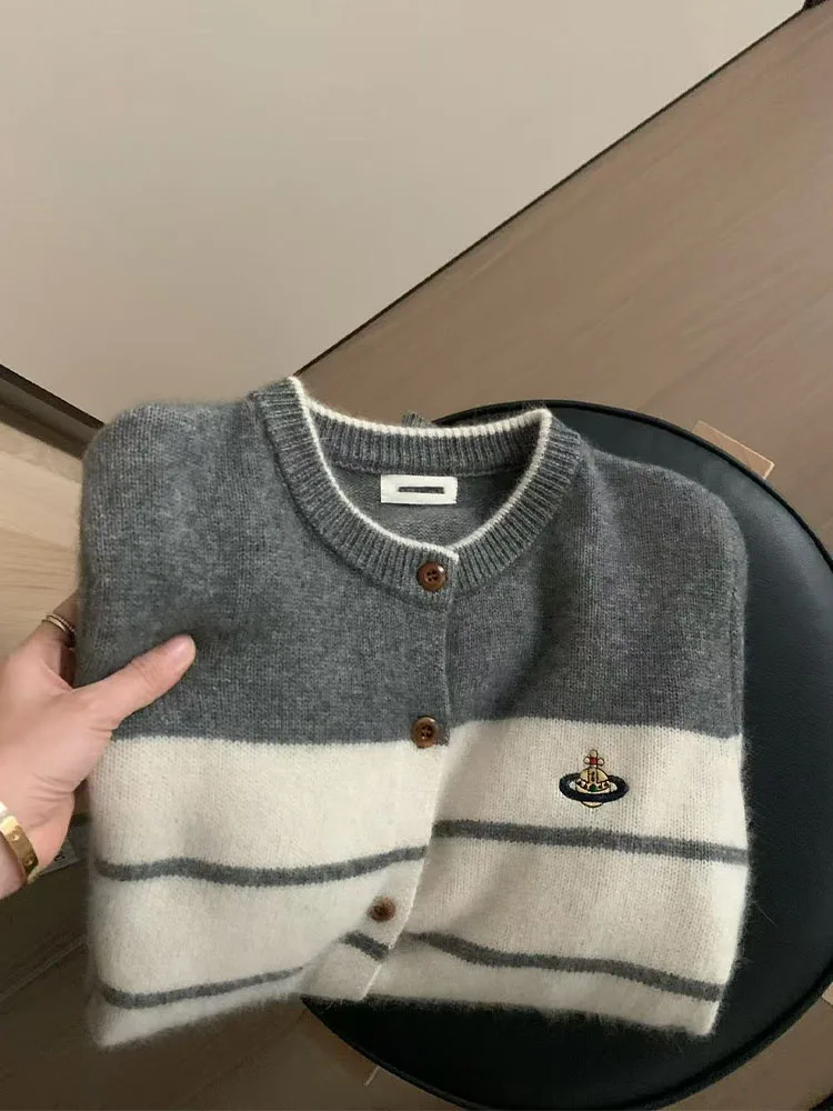 

Изящный шерстяной кардиган для женщин, вязаный свитер с круглым вырезом, осенне-зимняя одежда с вышивкой, цветные полоски, нижний топ, теплый мягкий