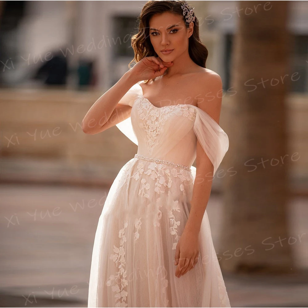 Affascinante grazioso una linea abiti da sposa da donna Vintage nuovo con spalle scoperte Appliques di pizzo abiti da sposa Tulle Vestido De Noivas