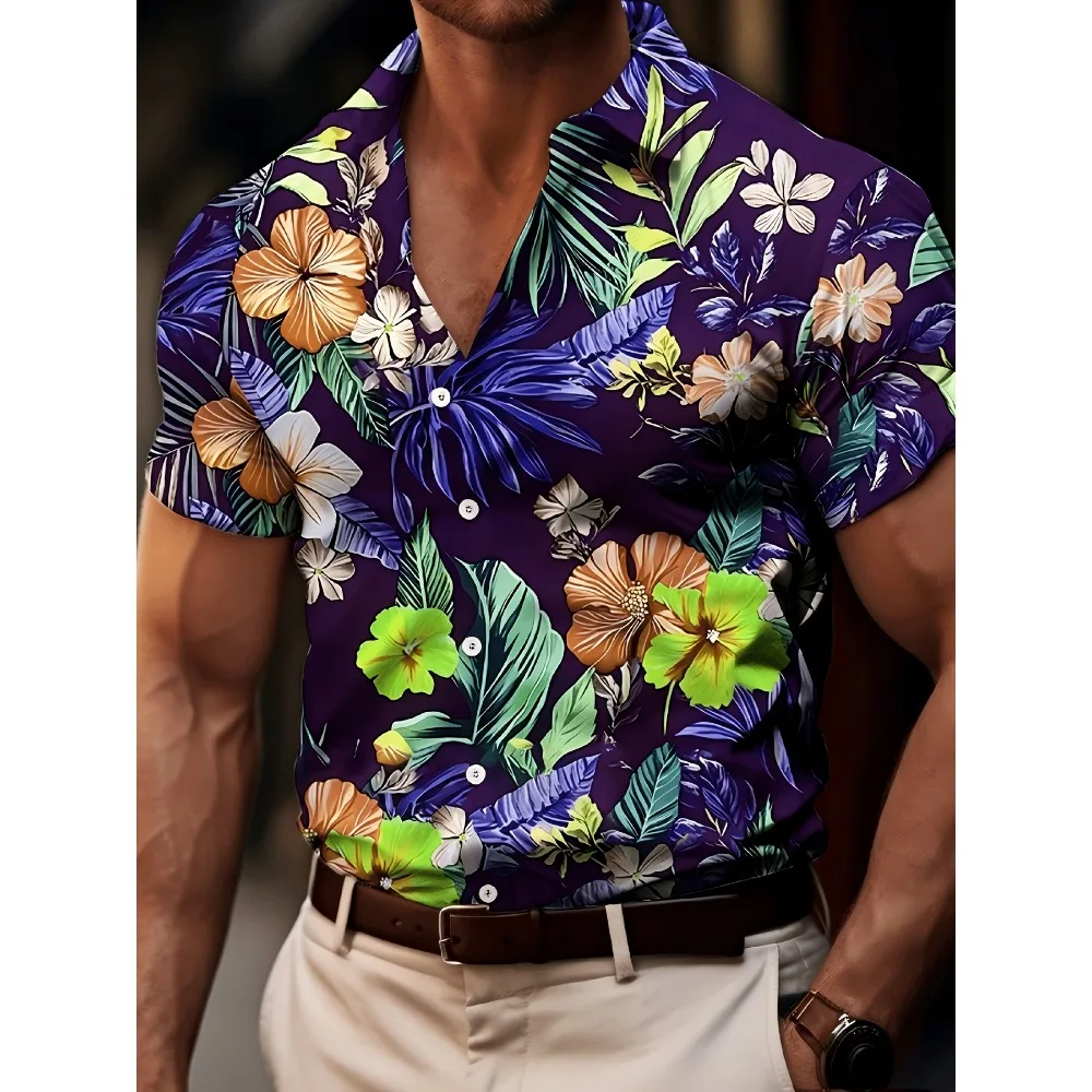 Men Deep Purple Base Multicolor Hibiscus Palm Leaf Print Hawaiian Short Sleeve Lapel Shirt