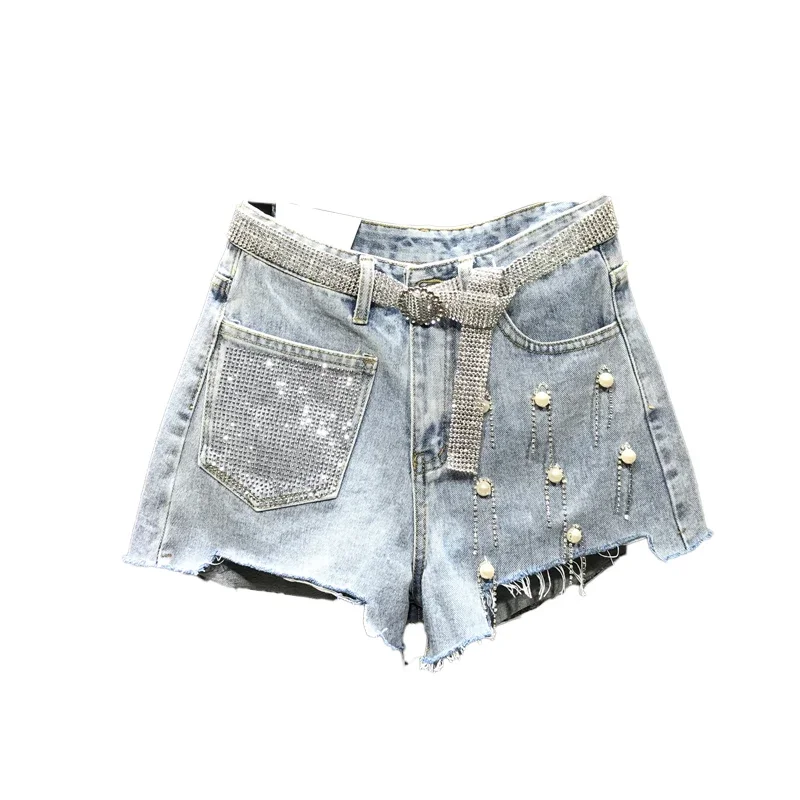 Summer Ladies Womens High Waisted Rhinestone Tassel Ripped Irregular Blue White Denim Shorts , Woman Korean Jeans Shorts