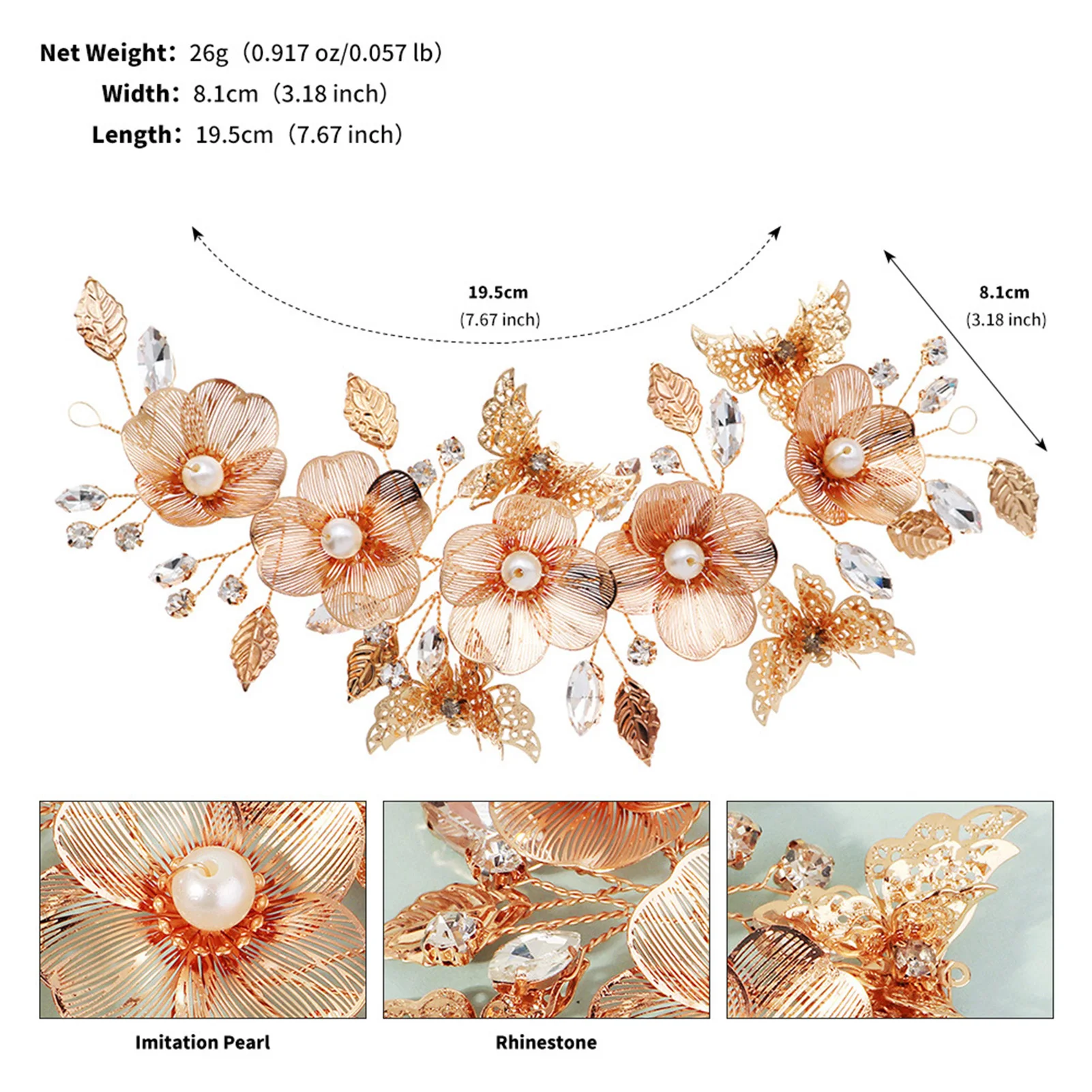 عصابة رأس طويلة على شكل فراشة ذهبية فاخرة، غطاء رأس أنيق، عصابة رأس لحفلات الزفاف، عصابة رأس لؤلؤية لحفلات الزفاف، مشبك شعر للنساء