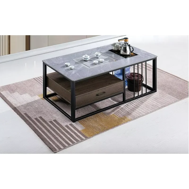 Modern Rectangular Office Coffee Table with Heat Resistant Stone Top and Sturdy Metal Frame for Contemporary Workspace Decor