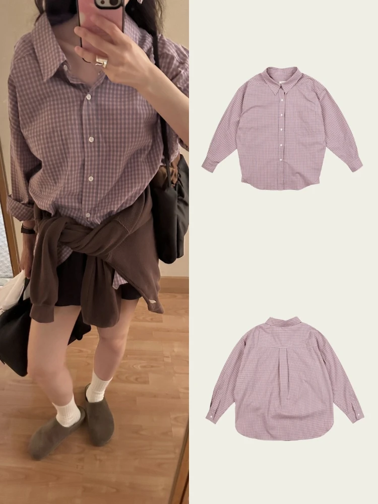 

Loose Fit Cheered Collared Long Sve Women's irt Vintage Lazy Sle Cotton Blend Resistant to Deformation