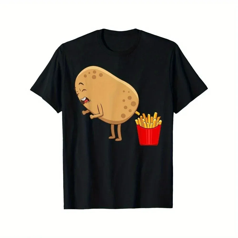 Funny Potato Farting French Fries Graphic Men's Cotton Short Sleeve T-Shirt