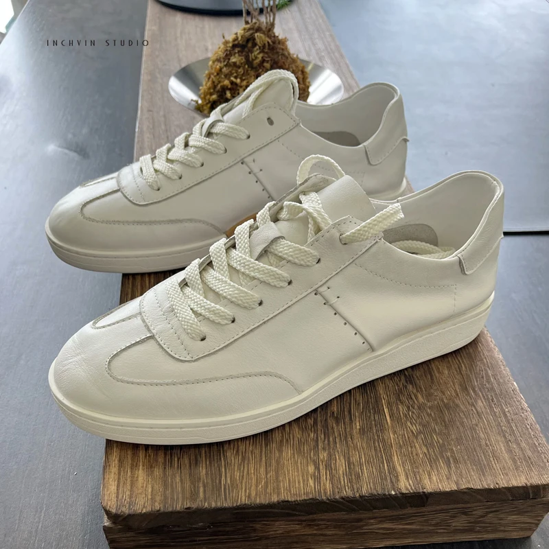 

Simplified Sle Soft Cowhide Men's Flat Bot Deqin oes White Sneakers Casual Retro oes Breathable round Toe All-Season