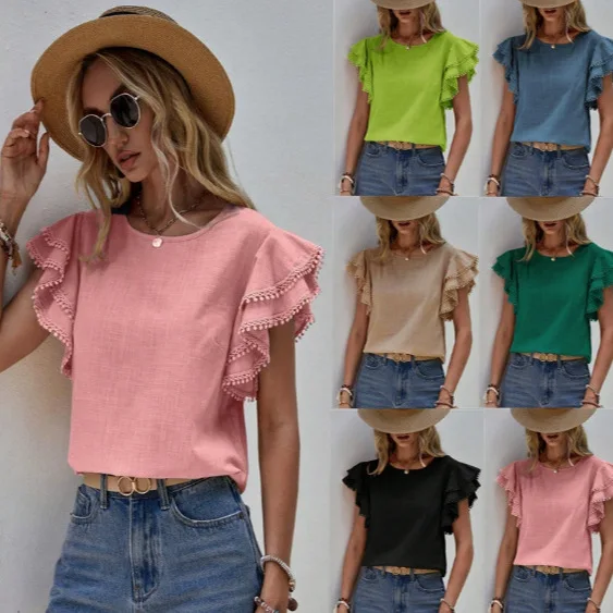 

2026 Fashion Women's Pleated Short Sleeve Round Neck Shirt Pure Color Casual Loose Babydoll Tops
