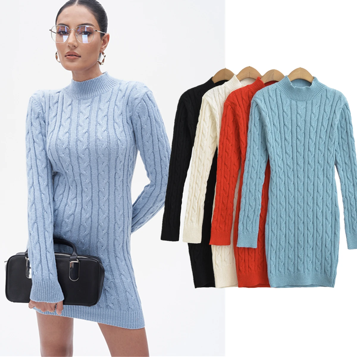 Withered Winter Knitted Dress Minimal Solid Fried Dough Twists Textured High Neck Mini Dress Women