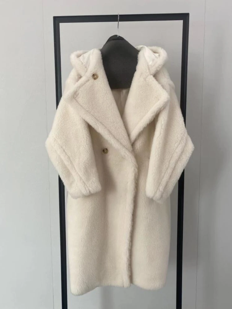 

New Hooded Real Fur Teddy Bear Coat Winter Alpaca Wool Thick Coat Women Warm Lamb Lapel Long Sleeve Loose Fashio Jacket Autumn