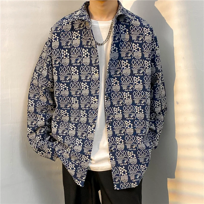 

Street China-Chic full printed long sleeve shirt men and women fashion brand loose bf casual youth versatile shirt coat
