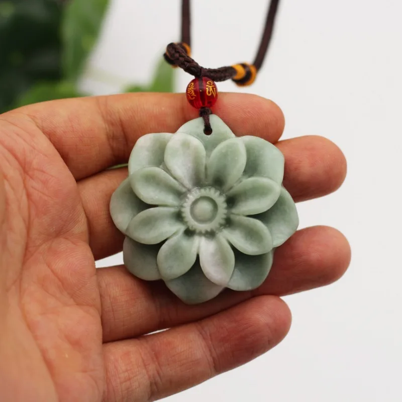 Chinese Natural White Green Jade Flower Pendant Necklace Hand-carved Fashion Charm Jewelry Stone Luxury Amulet Gifts for Women