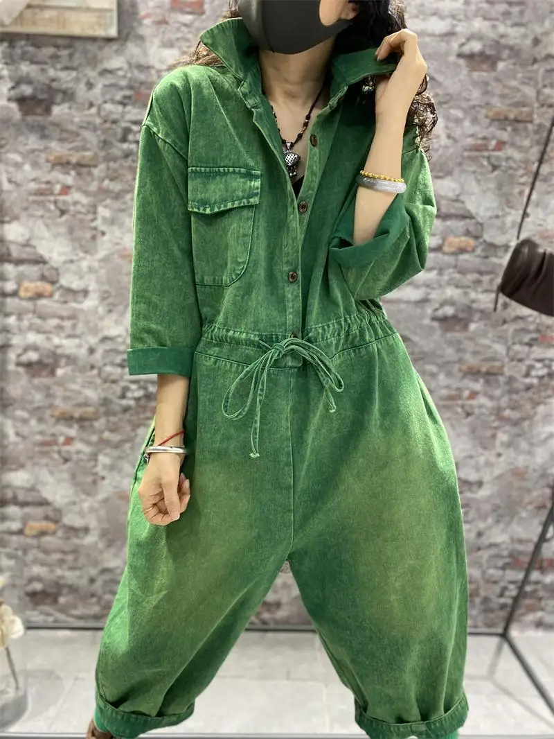 

2025 Европейский весенне-летний новый женский ковбойский комбинезон, свободные широкие брюки большого размера с высокой талией