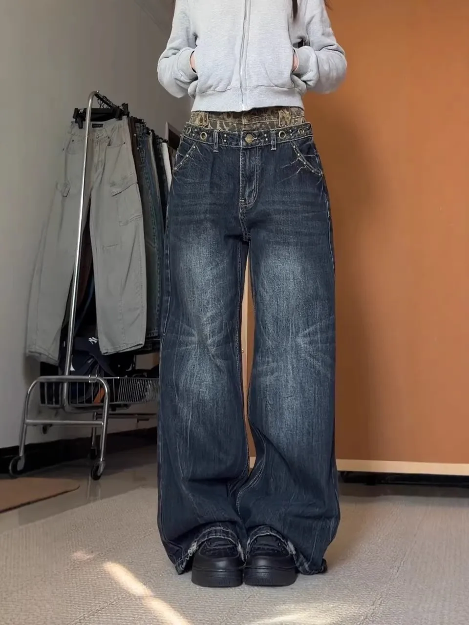 

Large Size American Retro Washed Leopard Print Straight Leg Denim Jeans Women's Autumn Winter Loose Wide Leg Long Pants